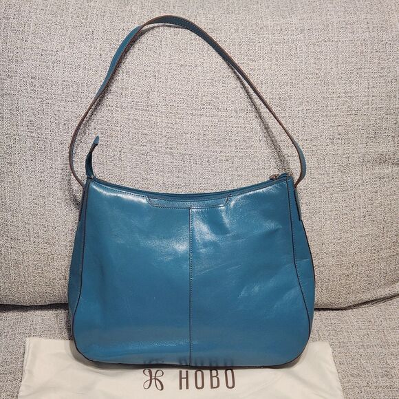 Hobo The Original Structured Glazed Leather Shoulder Bag Teal Blue Medium Purse - Picture 11 of 11